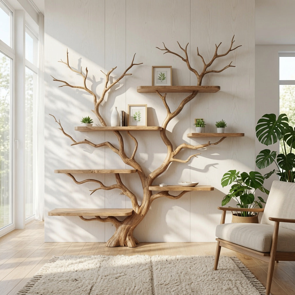 Handwerkliches skulpturales Holz-Bücherregal, das einem luxuriösen Wohnbereich natürliche Wärme verleiht