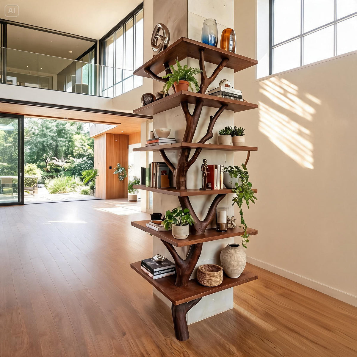 Organisch-modernes Holz-Bücherregal in einem zeitgenössischen Apartment