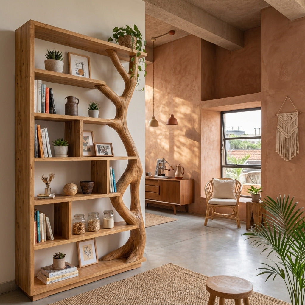 Skulpturales Baum-Bücherregal aus Massivholz in einem modernen Wohnzimmer
