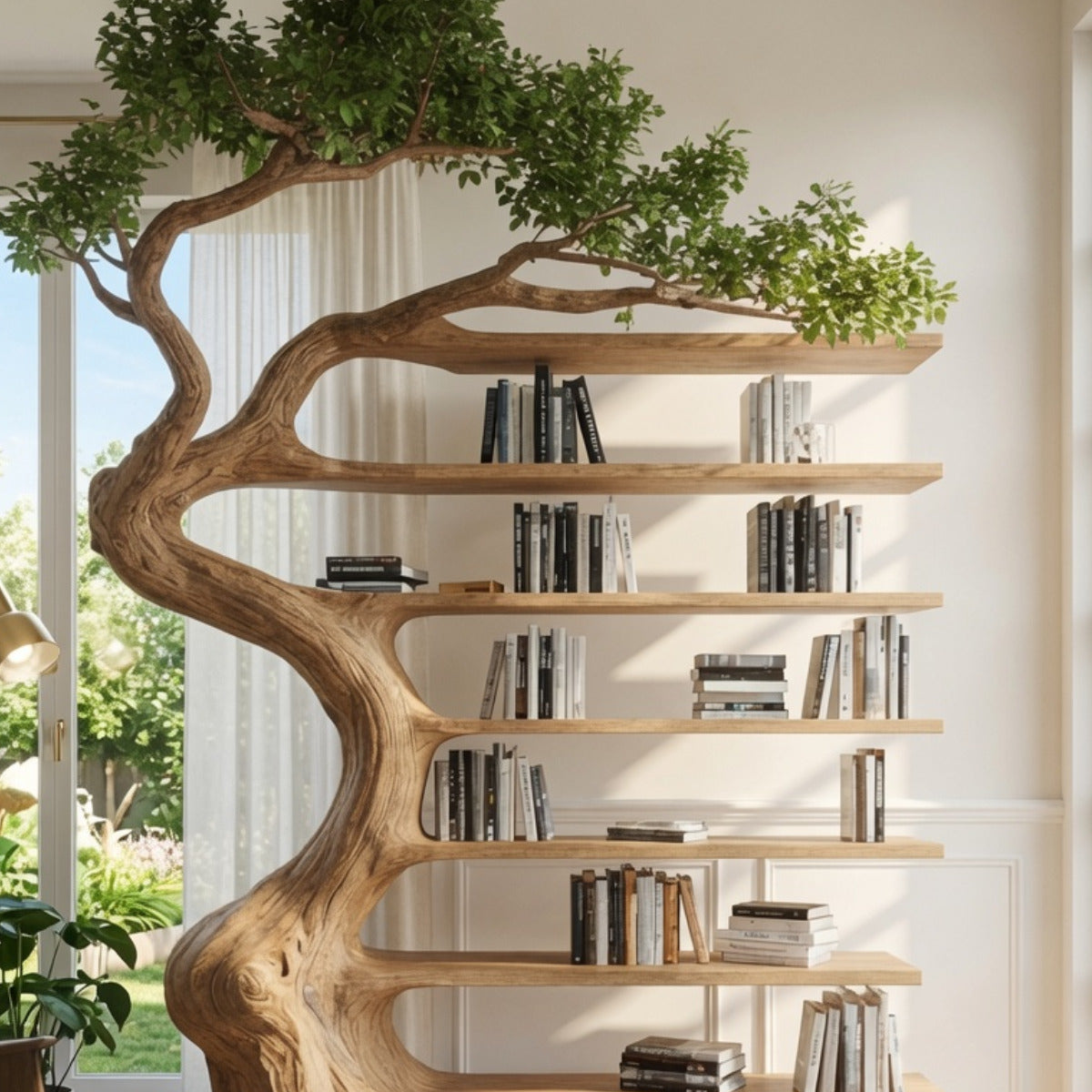 Handwerkliches Holz-Bücherregal im skulpturalen Astdesign