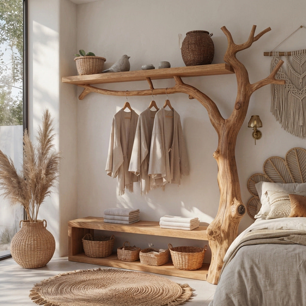 Zeitgenössische Holzgarderobe mit Bank in einem luxuriösen Schlafzimmer