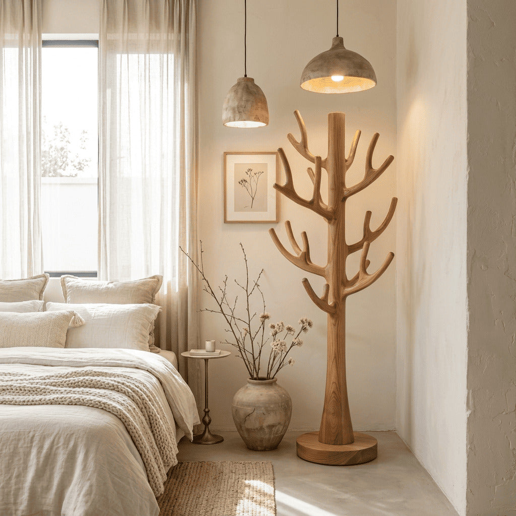 Organische freistehende Garderobe aus Massivholz, präsentiert in einem minimalistischen Schlafzimmer