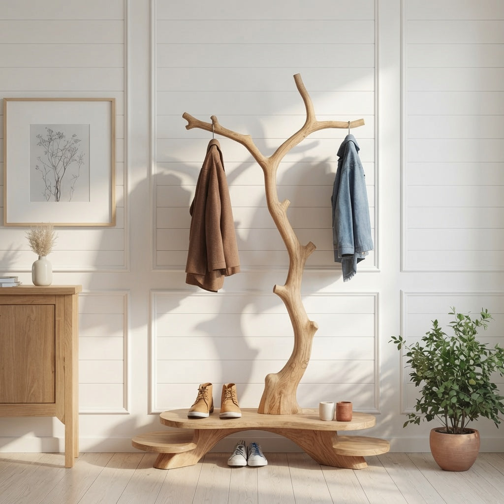 Moderne Eingangsbank aus Massivholz mit Garderobenhaken in einem minimalistischen Flur
