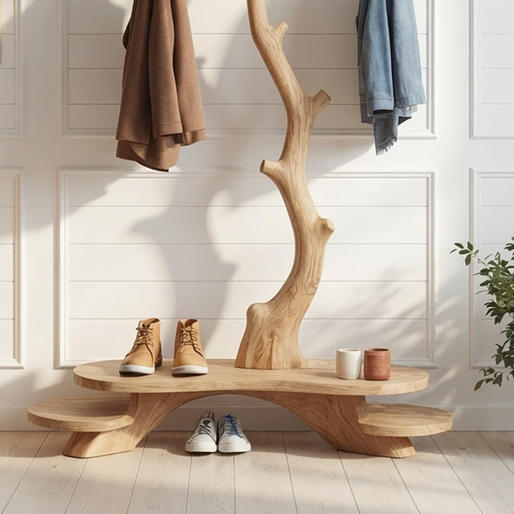 Zeitgenössischer Garderobenbaum aus Massivholz mit Schuhbank