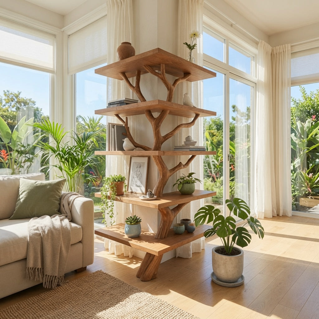 Skulpturales Eckregal aus Massivholz in einem modernen Wohnzimmer