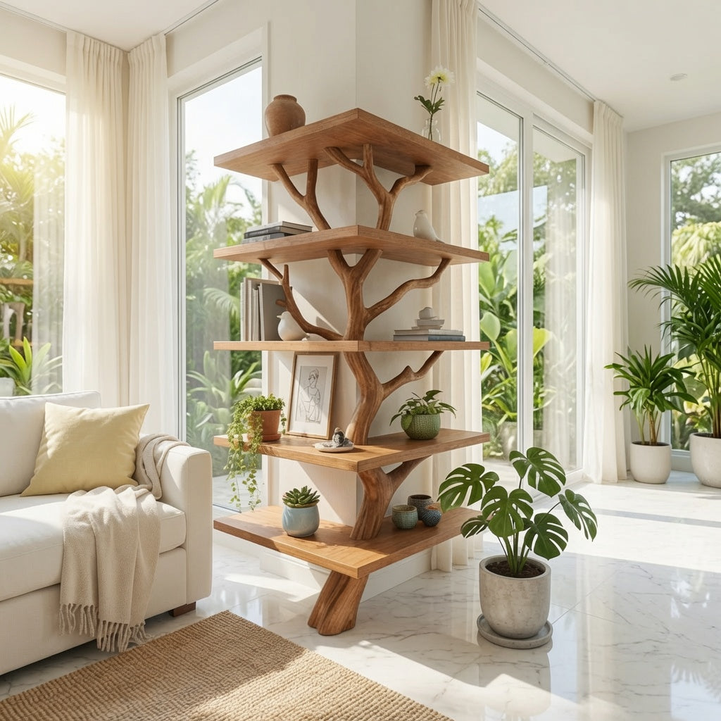 Skulpturales Eckregal in Astform aus Massivholz