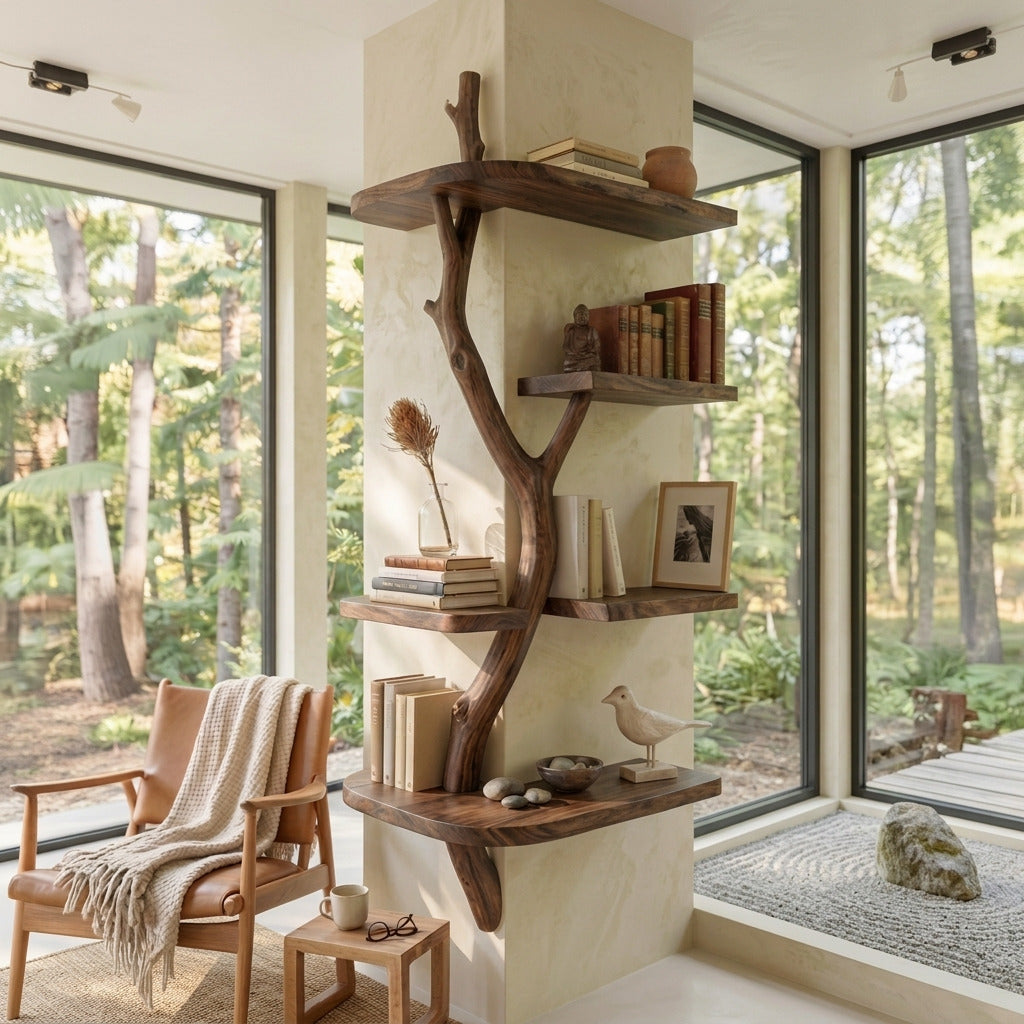 Zeitgenössisches Eckbücherregal aus Massivholz, das eine gemütliche Leseecke schafft