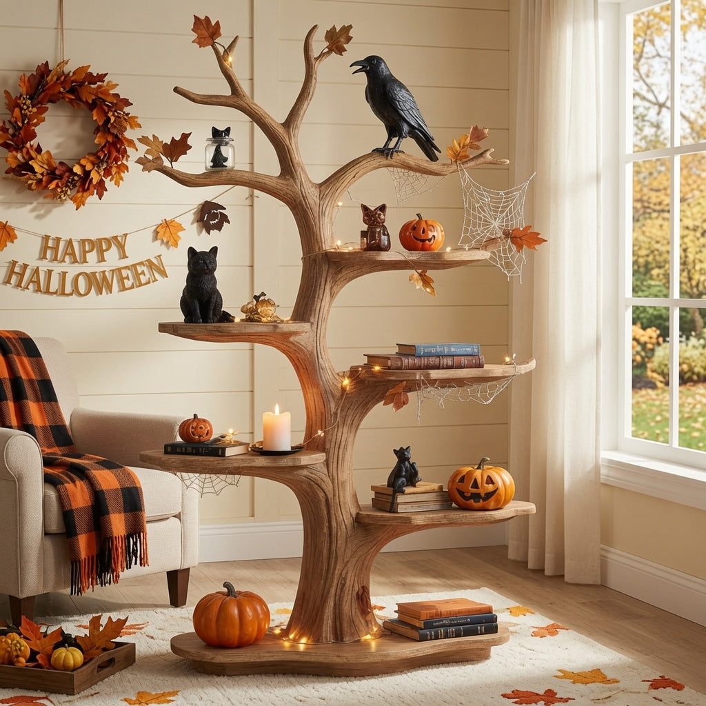 Skulpturales Halloween-Regal in Astform aus Massivholz