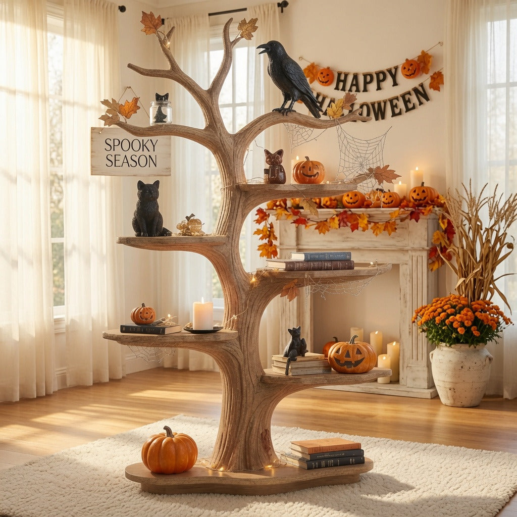 Rustikales Halloween-Schauregal aus Massivholz, das ein Landhausinterieur aufwertet