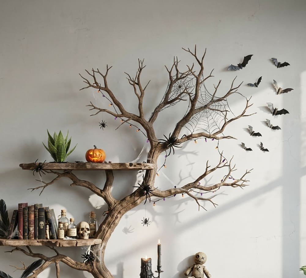Handwerkliches skulpturales Holz-Schauregal im Astdesign