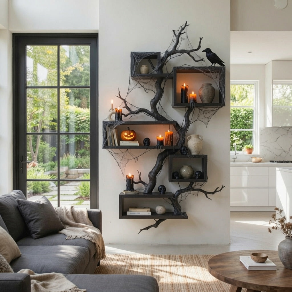 Skulpturales Astholz-Wandregal aus Massivholz in einem modernen Wohnzimmer