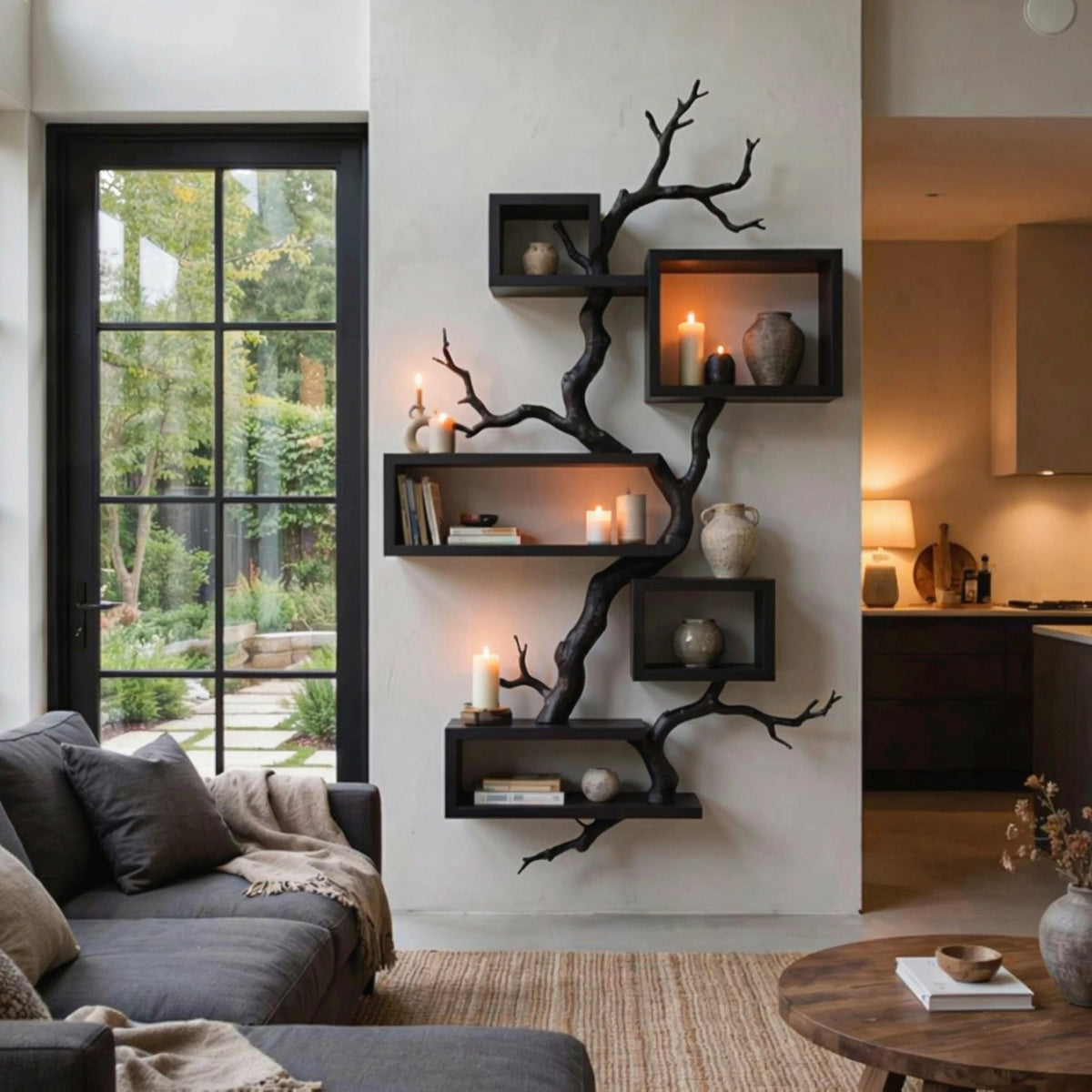 Organisches Hartholz-Wandregal, das ein minimalistisches Interieur aufwertet