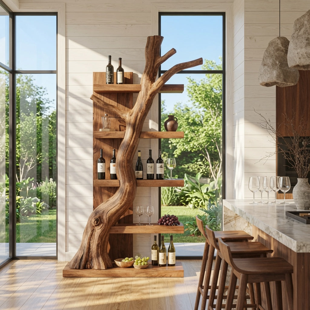 Handgefertigtes Holz-Weinregal mit Flaschen und Gläsern in einem Esszimmer