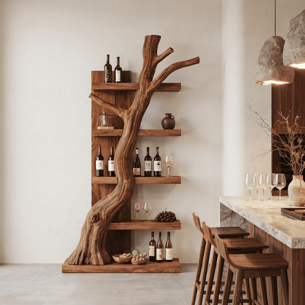 Rustikales Wein-Schauregal aus Massivholz, das in einem Bewirtungsbereich ein Statement setzt