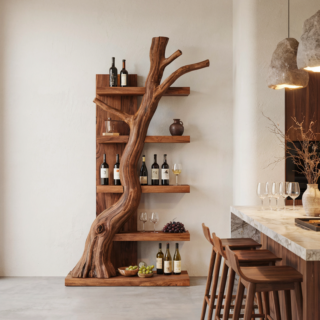 Handwerkliches Astholz-Weinregal, das einer stilvollen Hausbar natürliche Eleganz verleiht