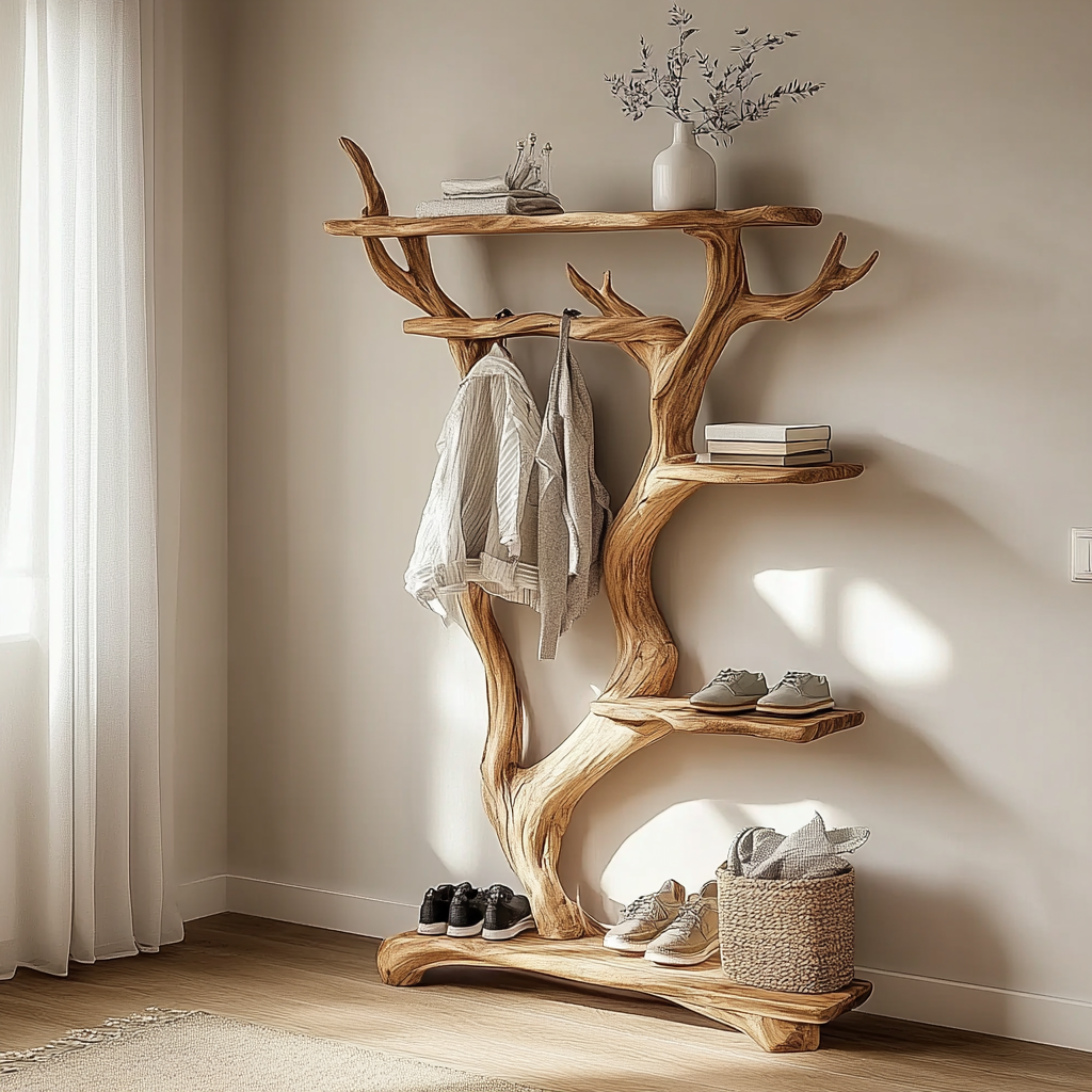 Skulpturaler Baum-Garderobenbaum aus Massivholz – Flurgarderobe, handgefertigter Präsentationsständer