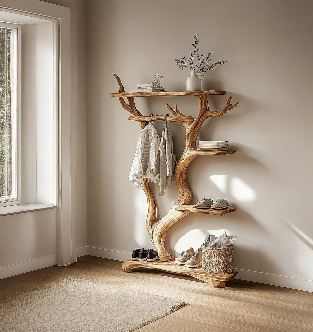 Skulpturaler Baum-Garderobenbaum aus Massivholz – Flurgarderobe, handgefertigter Präsentationsständer