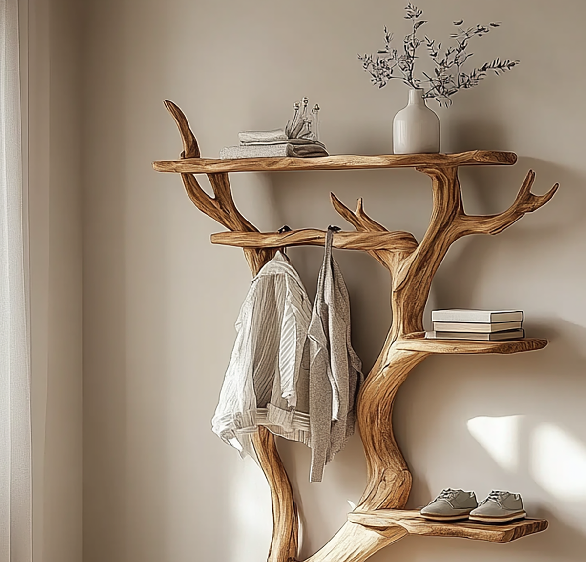 Skulpturaler Baum-Garderobenbaum aus Massivholz – Flurgarderobe, handgefertigter Präsentationsständer