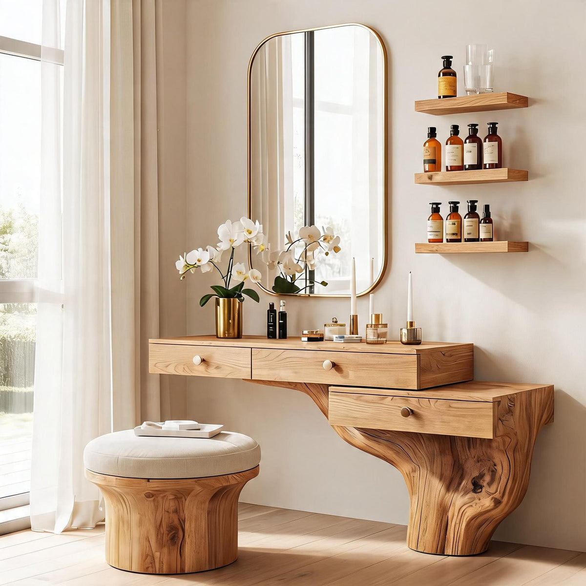 Organischer Baumwurzel-Schminktisch aus Holz, der einen eleganten Schminkbereich schafft