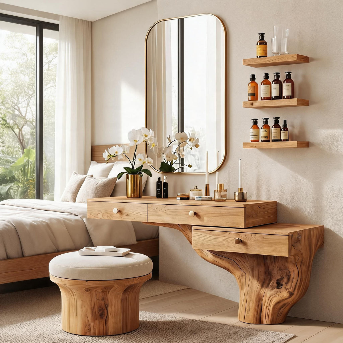 Künstlerischer Baumwurzel-Schminktisch, präsentiert in einem luxuriösen Schlafzimmer