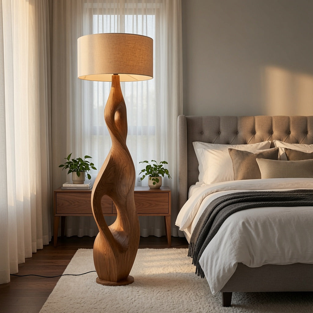 Gedrehte Stehlampe aus Naturholz, die einem gemütlichen Schlafzimmer Eleganz verleiht