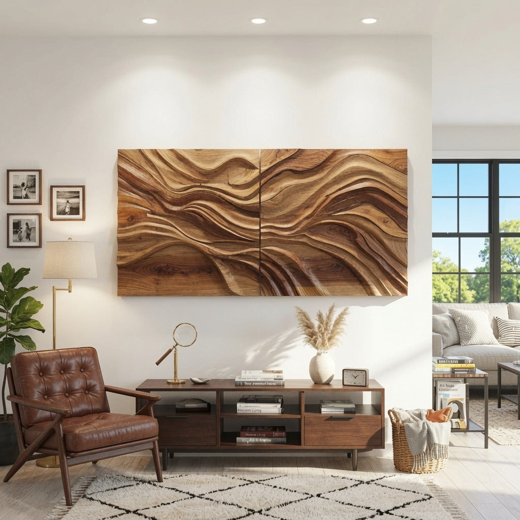 Skulpturale fließende Wandkunst aus Massivholz in einem modernen Wohnzimmer