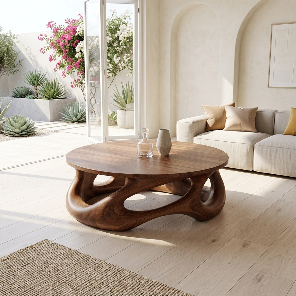 Skulpturaler runder Holz-Couchtisch neben einem zeitgenössischen Sofa
