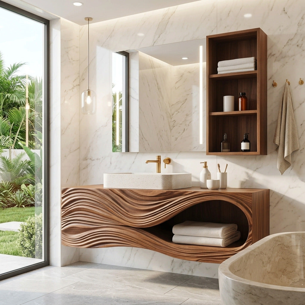 Moderner Hartholz-Waschtisch, der ein luxuriöses Badezimmer aufwertet
