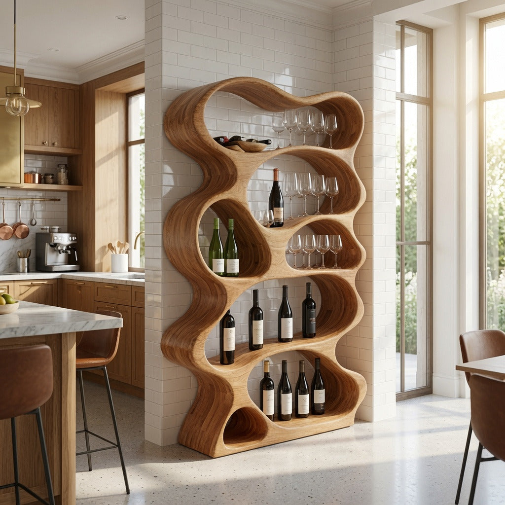 Skulpturales Wellen-Weinregal mit Baumkante aus Massivholz in einer modernen Küche