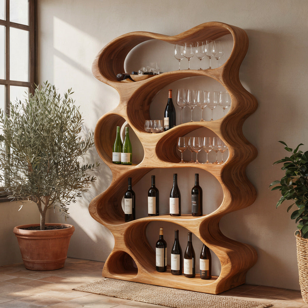Rustikales Wein-Schauregal aus Massivholz, das einen eleganten Bewirtungsbereich schafft