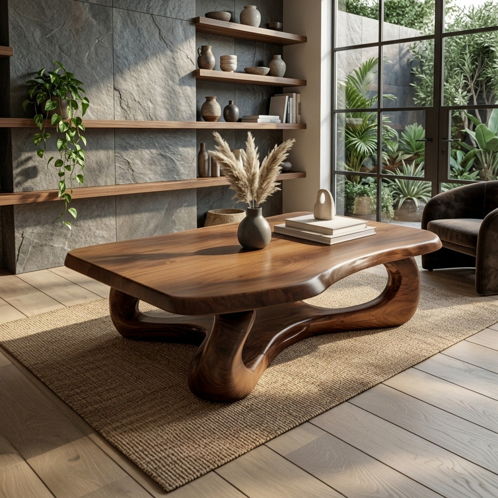 Zeitgenössischer Couchtisch aus Massivholz mit natürlicher Maserung in einem gemütlichen Zuhause