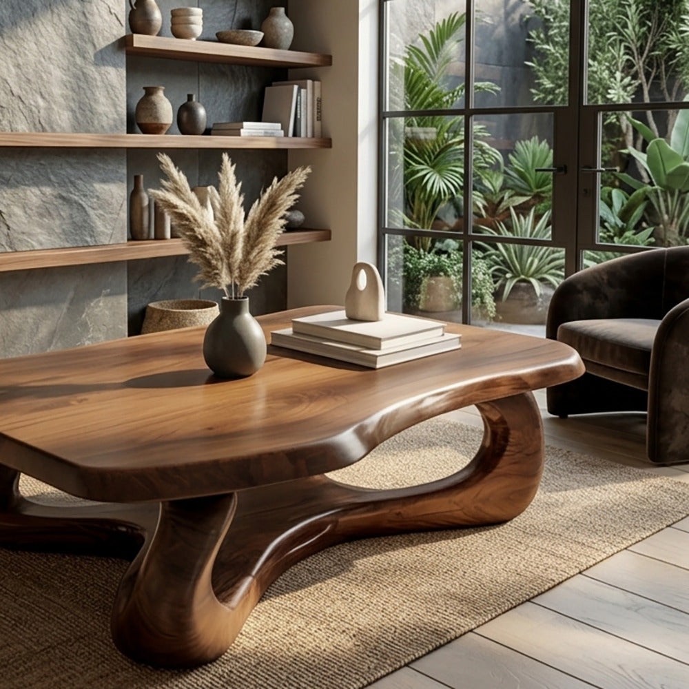Skulpturaler Wellen-Couchtisch fürs Wohnzimmer mit natürlicher Holzmaserung
