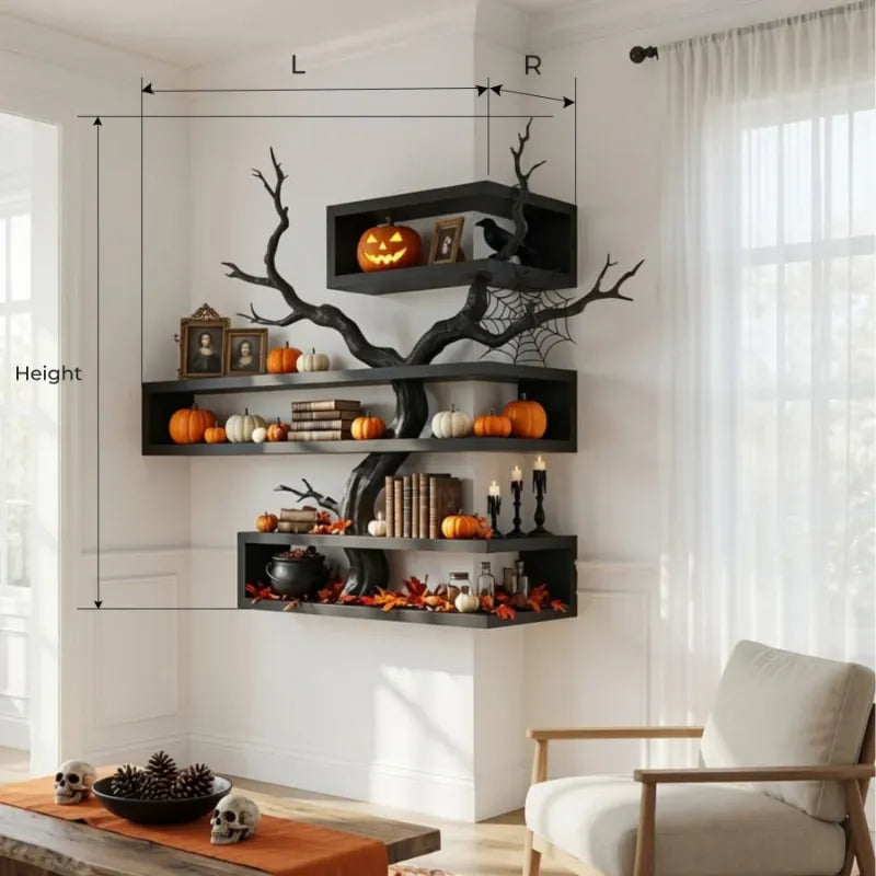 Skulpturales dunkles Halloween-Eckregal aus Massivholz in Astform