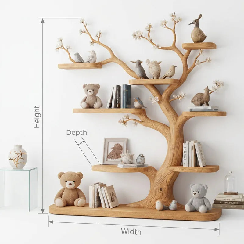 Skulpturales handgeschnitztes Blütenbaum-Kinderbücherregal aus Massivholz & Schaumöbel fürs Babyzimmer