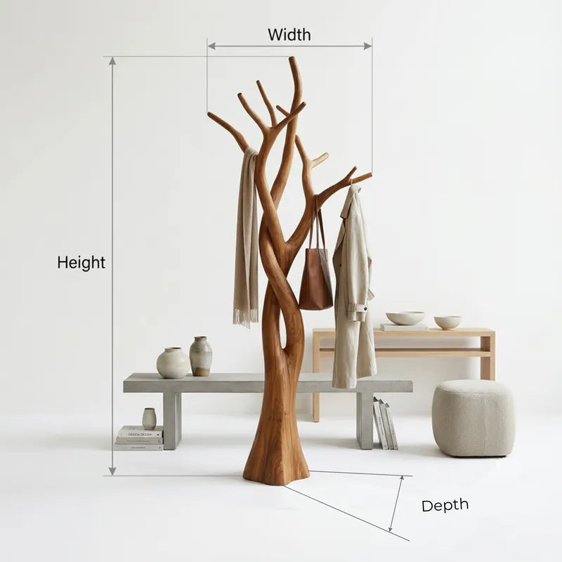 Skulpturale handgeschnitzte verschlungene Baum-Garderobe aus Massivholz & freistehender Ast-Kleiderständer