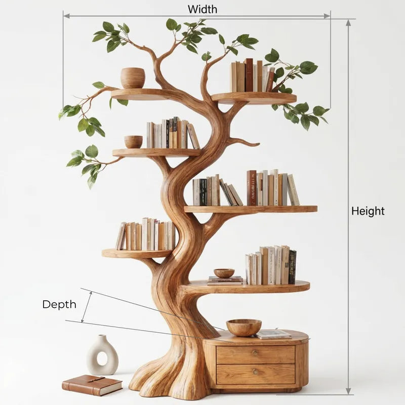 Skulpturales handgeschnitztes Baum-Bücherregal aus Massivholz & Ast-Wandschaueinheit mit integriertem Sockel mit 2 Schubladen