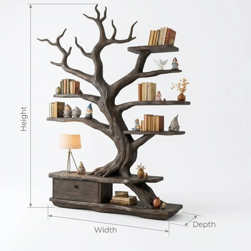 Skulpturales handgeschnitztes Baum-Bücherregal aus Massivholz & Ast-Wandschaueinheit mit integriertem Sideboard-Sockel