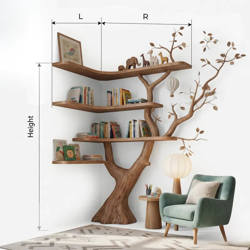 Skulpturales handgeschnitztes Baum-Eckbücherregal aus Massivholz & ausladende Ast-Schaueinheit