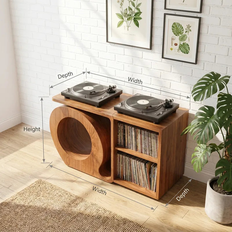 Skulpturale handgefertigte Vinyl-Aufbewahrungskonsole aus Massivholz mit kreisförmigem Tunnelfuß