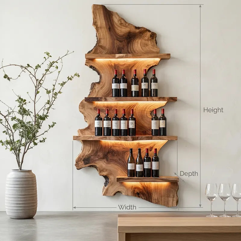 Skulpturales Baumkanten-Weinschauregal aus Massivholz