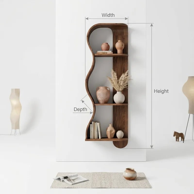 Skulpturales organisches Wellen-Schauregal aus Massivholz zur Wandmontage