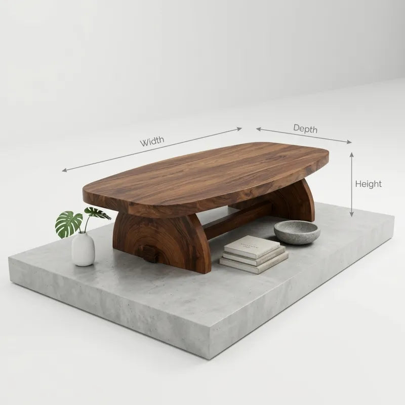 Skulpturaler ovaler Bohlen-Couchtisch aus Massivholz mit Halbmond-Säulenfuß