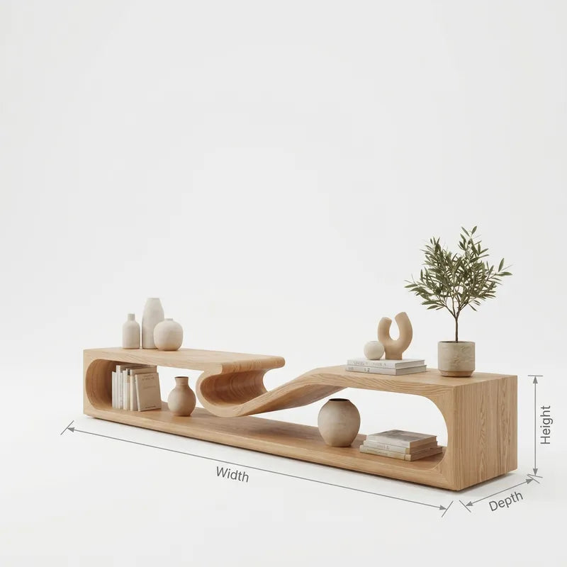 Skulpturales Wellen-TV-Lowboard aus Massivholz & niedriger Medienkonsolentisch