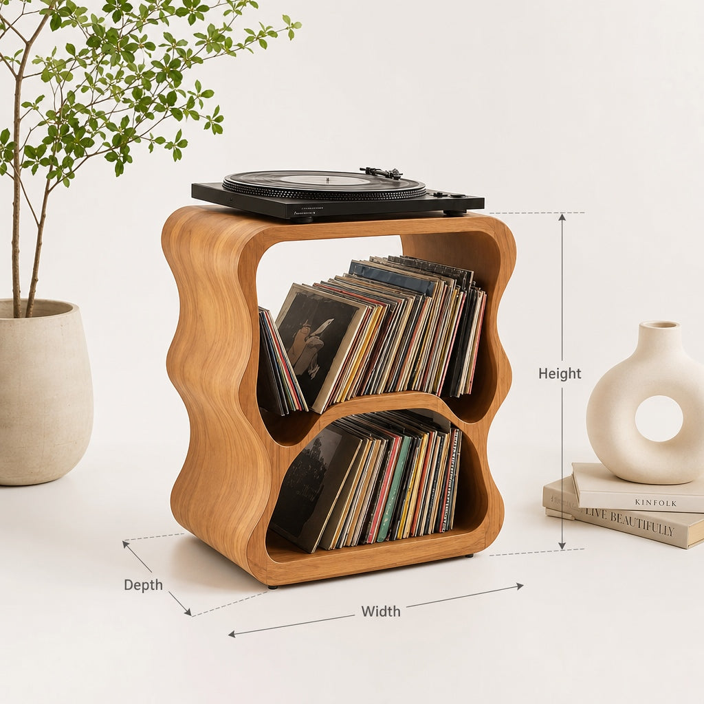 Skulpturaler Vinyl-Stauraum – Plattenspielerständer aus Holz im Wellendesign