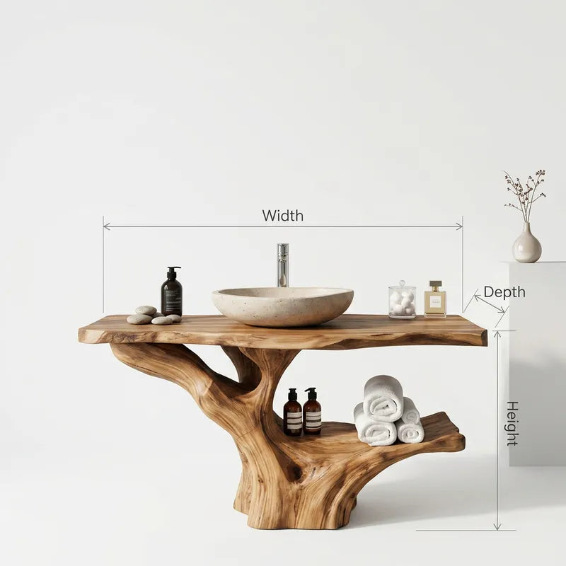 Skulpturaler Holz-Waschbeckenschrank für ein tropisches Gäste-WC