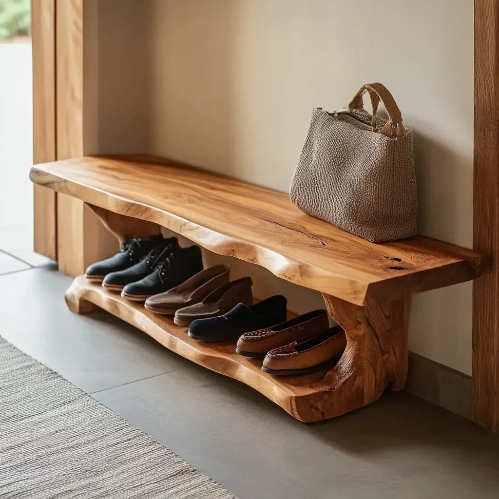 Handgefertigte Mid-Century-Schuhbank aus Holz fürs Zuhause