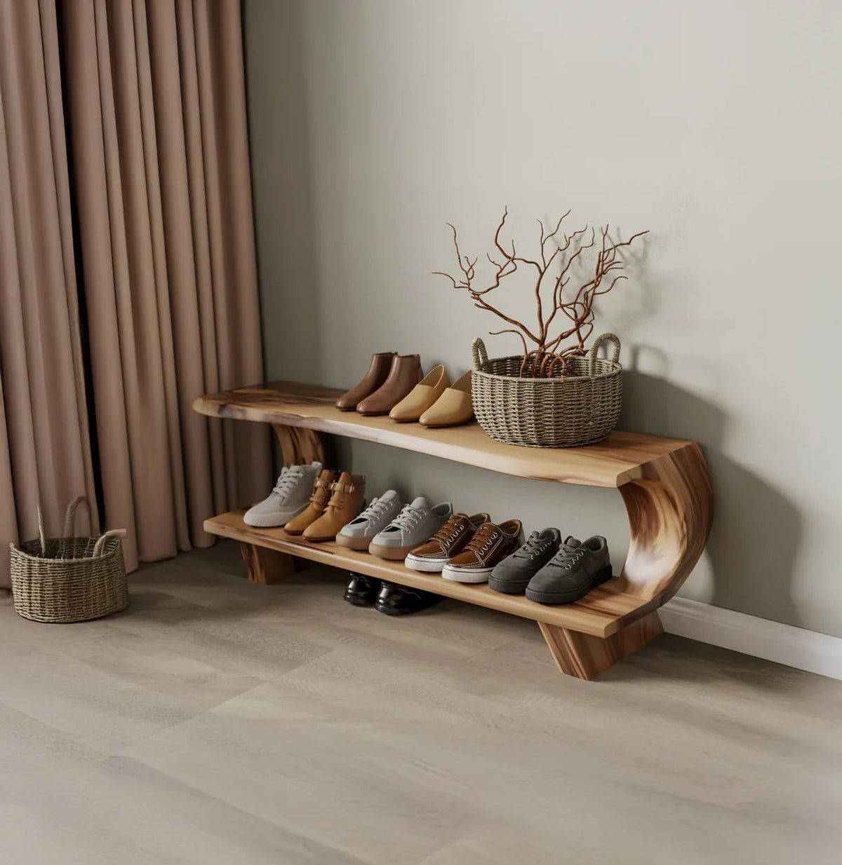 Mid-Century-Holzbank für die Schuhordnung im Flur