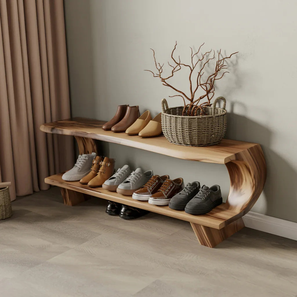 Handgefertigte Mid-Century-Schuhbank aus Holz für den Eingangsbereich