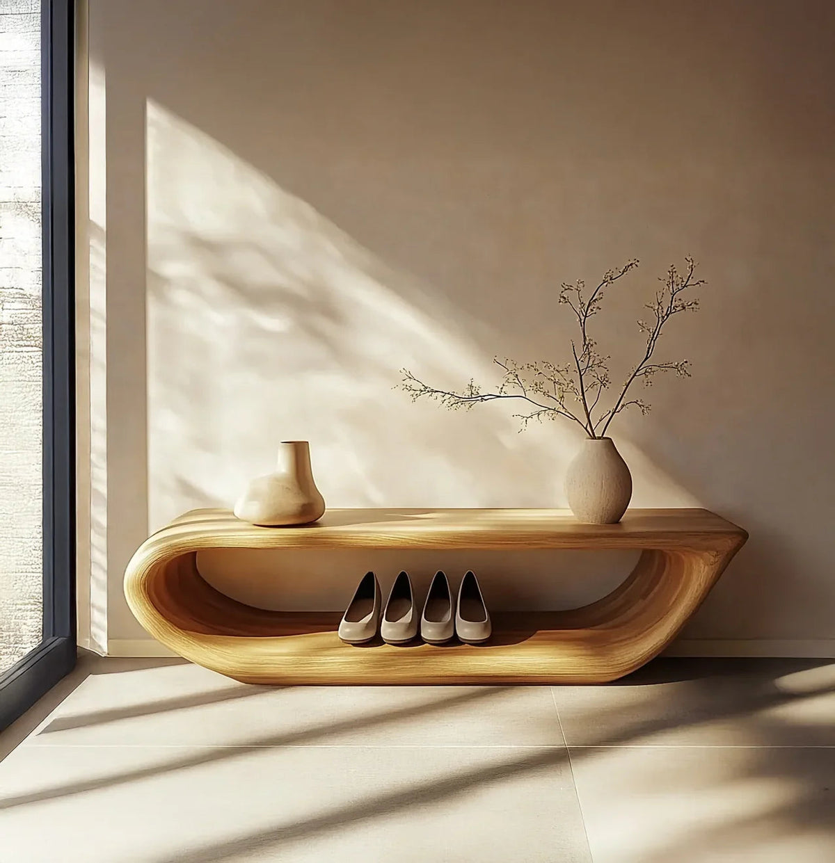 Rustikale Schuh-Holzbank im organischen Design für den Flur