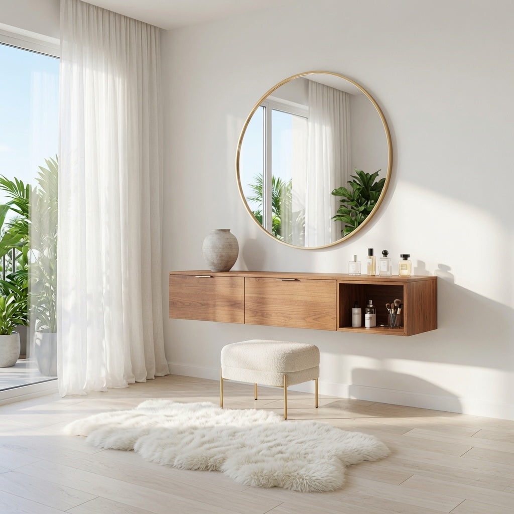 Eleganter wandmontierter Schminktisch, der einen stilvollen Make-up-Bereich schafft